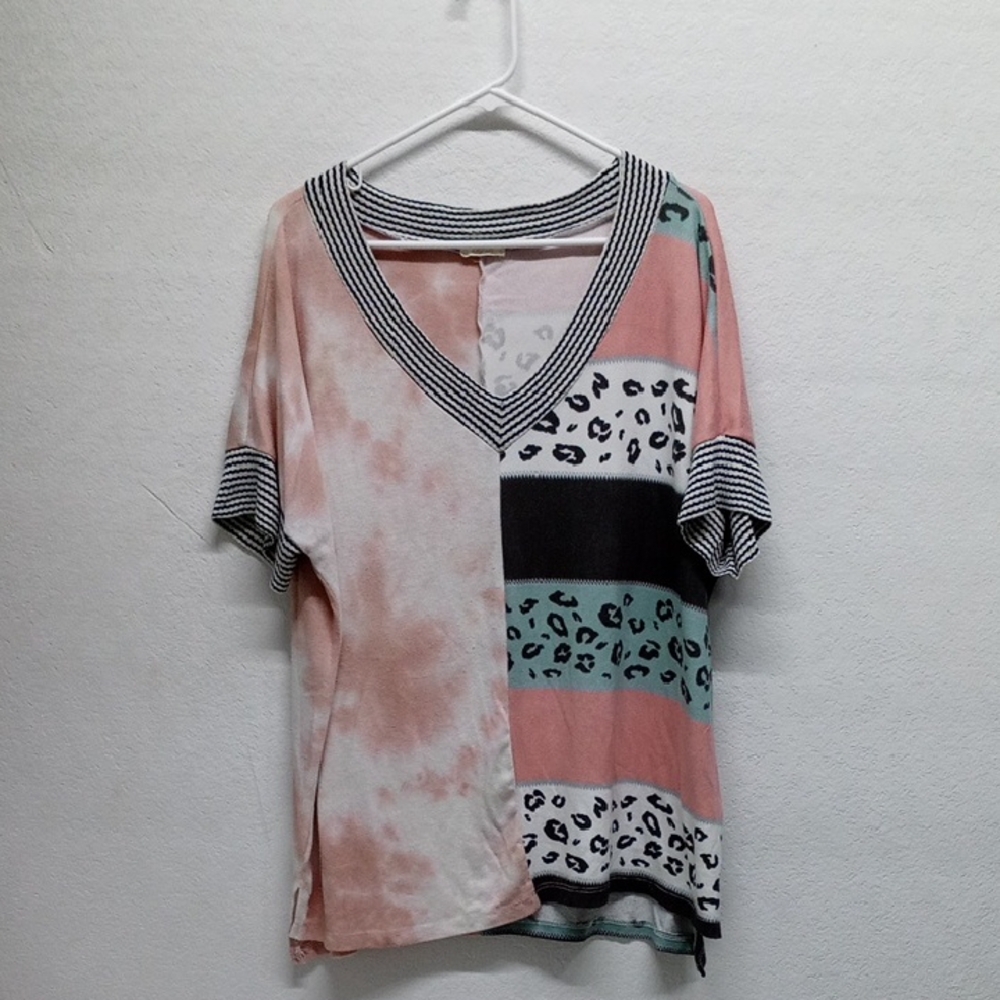 Oddy Pink And White Tie Dye Animal Print Black&White Stripe V Neck Short Sleeve